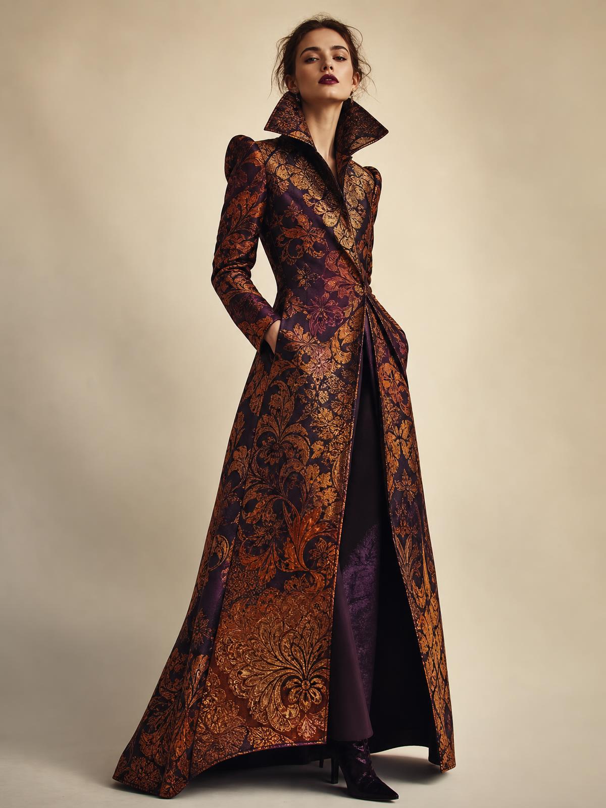 A dramatic brocade couture coat on a model in an editorial studio setting